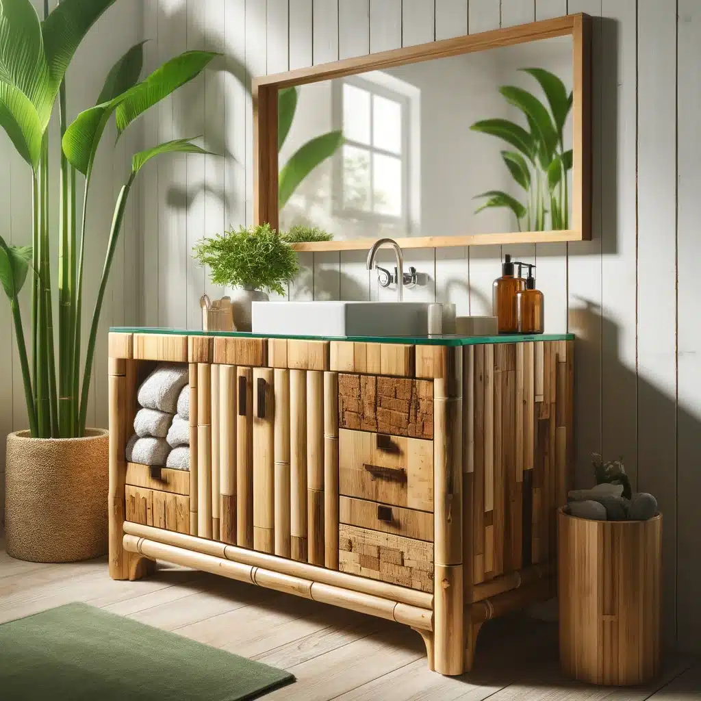 DALL·E 2024 04 21 21.53.05 A stylish eco friendly bathroom vanity made from bamboo and reclaimed wood showcasing a sleek modern design. The vanity features a natural wood fini