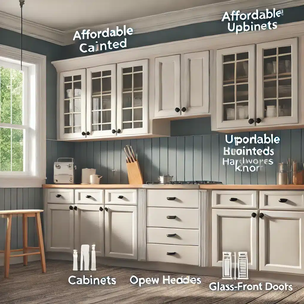 DALL·E 2024 07 24 08.38.01 A kitchen renovation scene showcasing affordable updates to cabinets. The scene includes freshly painted cabinets in a modern color updated hardware